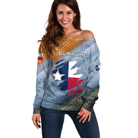 Custom Texas Flag Off Shoulder Sweater with Ripped Effect and Fish Scale Pattern - Wonder Print Shop