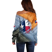 Custom Texas Flag Off Shoulder Sweater with Ripped Effect and Fish Scale Pattern - Wonder Print Shop