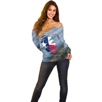 Custom Texas Flag Off Shoulder Sweater with Ripped Effect and Fish Scale Pattern - Wonder Print Shop