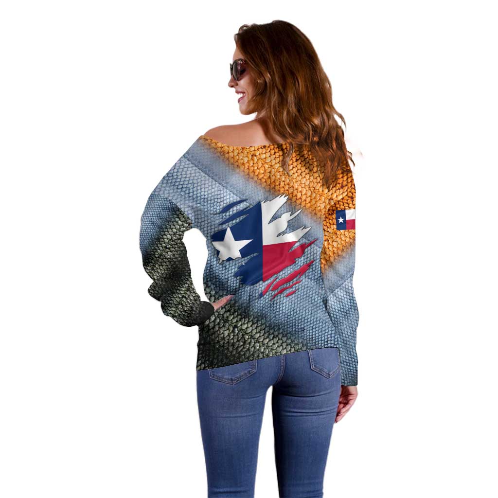 Custom Texas Flag Off Shoulder Sweater with Ripped Effect and Fish Scale Pattern - Wonder Print Shop