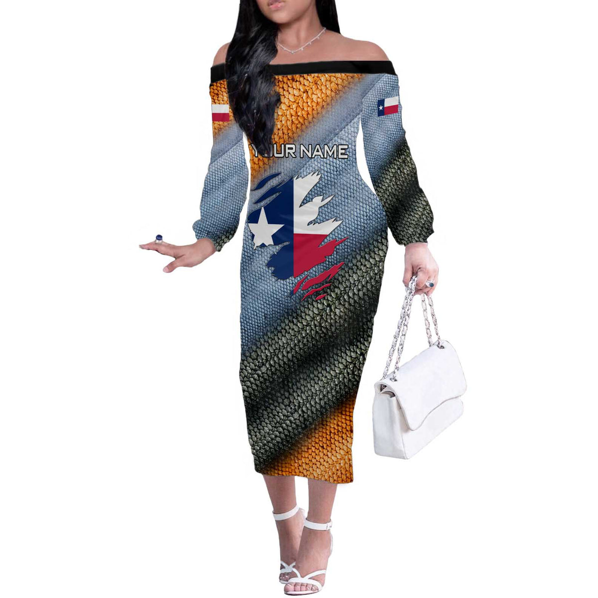 Custom Texas Flag Off The Shoulder Long Sleeve Dress with Ripped Effect and Fish Scale Pattern - Wonder Print Shop