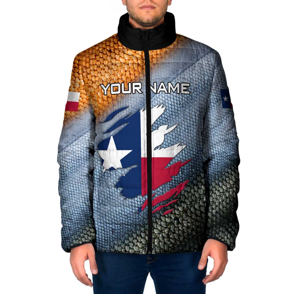 Custom Texas Flag Padded Jacket with Ripped Effect and Fish Scale Pattern - Wonder Print Shop