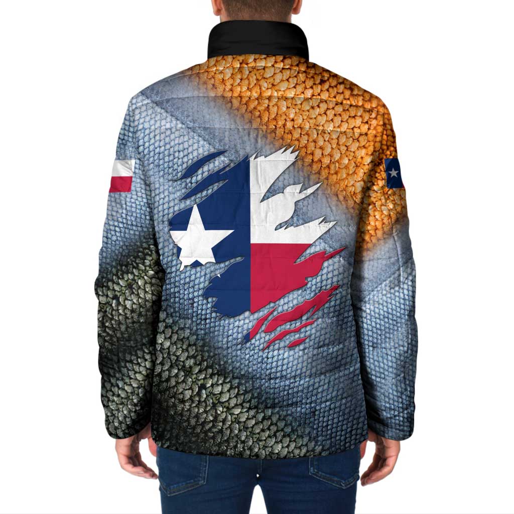 Custom Texas Flag Padded Jacket with Ripped Effect and Fish Scale Pattern - Wonder Print Shop