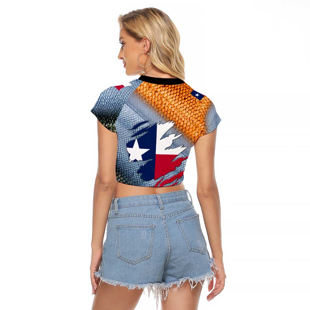 Custom Texas Flag Raglan Cropped T Shirt with Ripped Effect and Fish Scale Pattern - Wonder Print Shop
