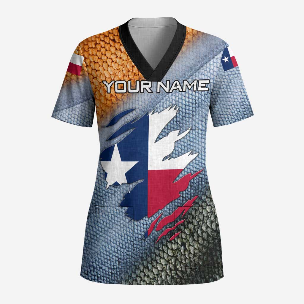 Custom Texas Flag Scrub Top with Ripped Effect and Fish Scale Pattern - Wonder Print Shop