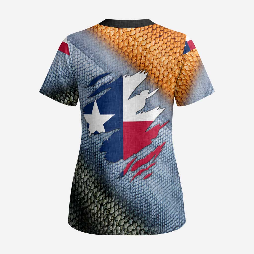 Custom Texas Flag Scrub Top with Ripped Effect and Fish Scale Pattern - Wonder Print Shop