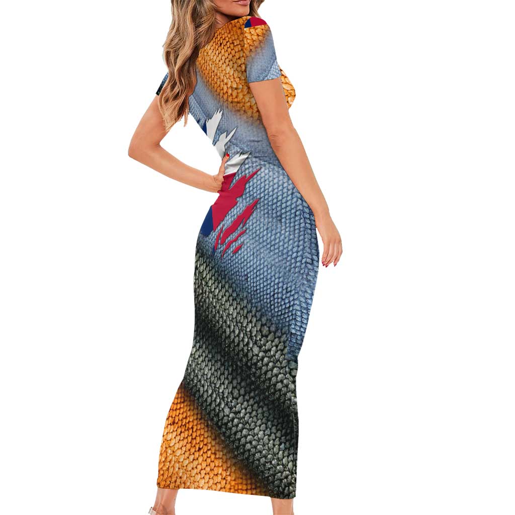 Custom Texas Flag Short Sleeve Bodycon Dress with Ripped Effect and Fish Scale Pattern - Wonder Print Shop