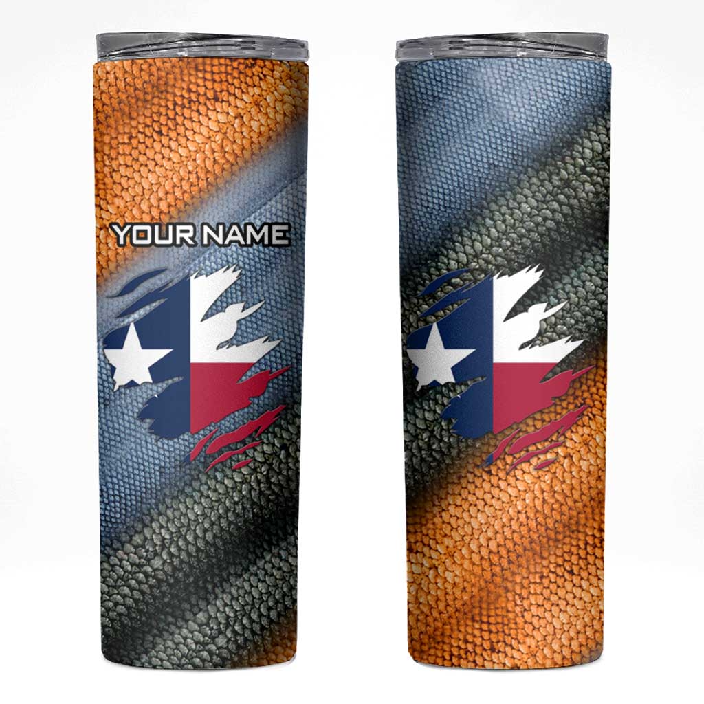 Custom Texas Flag Skinny Tumbler with Ripped Effect and Fish Scale Pattern - Wonder Print Shop