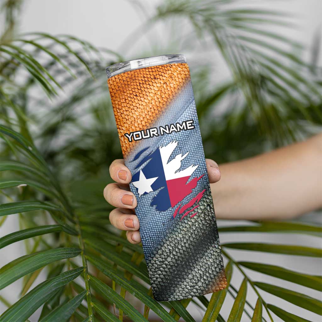 Custom Texas Flag Skinny Tumbler with Ripped Effect and Fish Scale Pattern - Wonder Print Shop