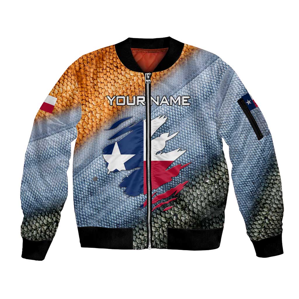 Custom Texas Flag Sleeve Zip Bomber Jacket with Ripped Effect and Fish Scale Pattern - Wonder Print Shop