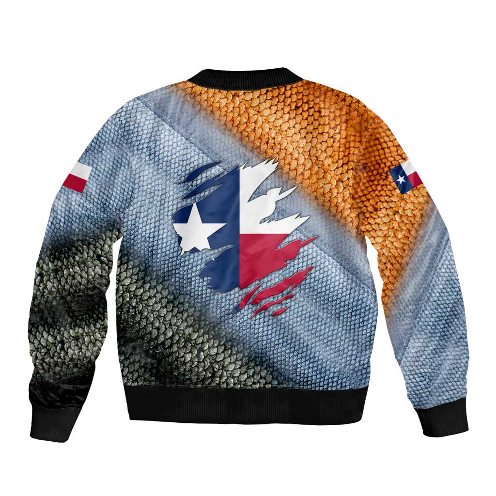Custom Texas Flag Sleeve Zip Bomber Jacket with Ripped Effect and Fish Scale Pattern - Wonder Print Shop