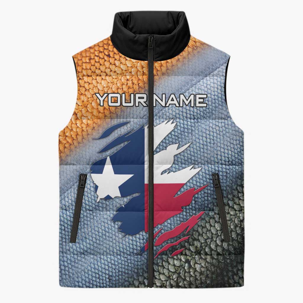 Custom Texas Flag Sleeveless Puffer Jacket with Ripped Effect and Fish Scale Pattern - Wonder Print Shop
