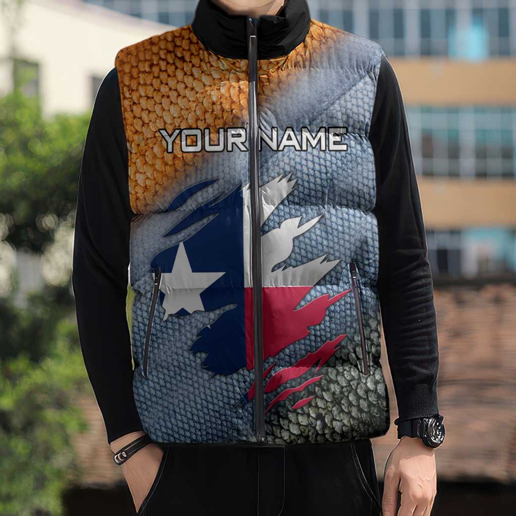 Custom Texas Flag Sleeveless Puffer Jacket with Ripped Effect and Fish Scale Pattern - Wonder Print Shop