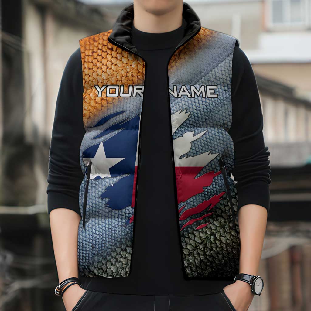 Custom Texas Flag Sleeveless Puffer Jacket with Ripped Effect and Fish Scale Pattern - Wonder Print Shop