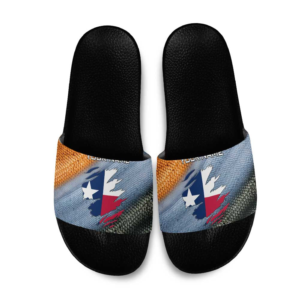 Custom Texas Flag Slide Sandals with Ripped Effect and Fish Scale Pattern - Wonder Print Shop