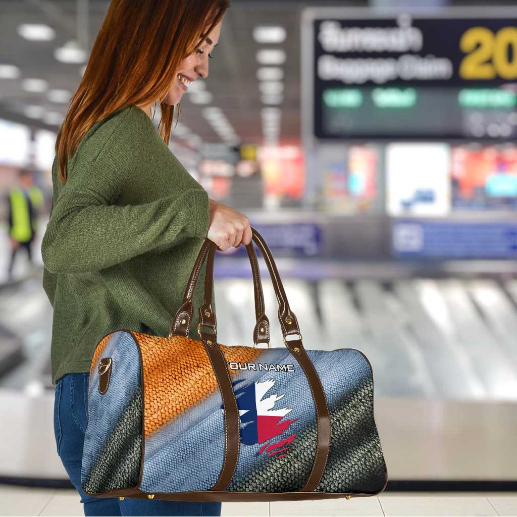 Custom Texas Flag Travel Bag with Ripped Effect and Fish Scale Pattern - Wonder Print Shop