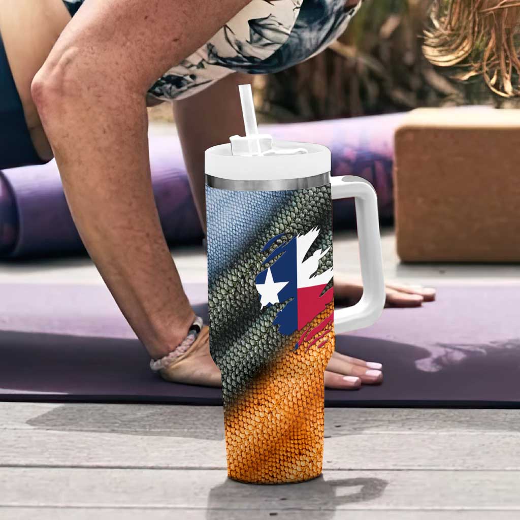 Custom Texas Flag Tumbler With Handle with Ripped Effect and Fish Scale Pattern - Wonder Print Shop