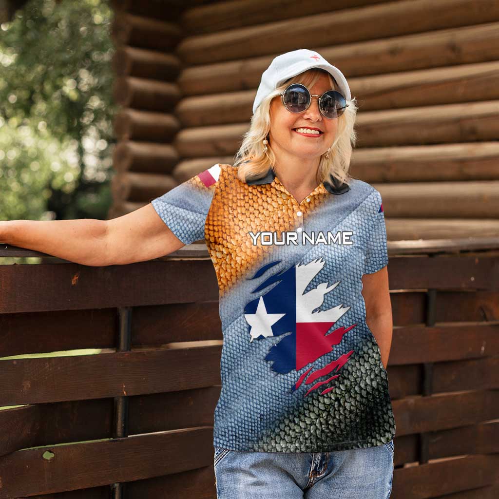 Custom Texas Flag Women Polo Shirt with Ripped Effect and Fish Scale Pattern - Wonder Print Shop