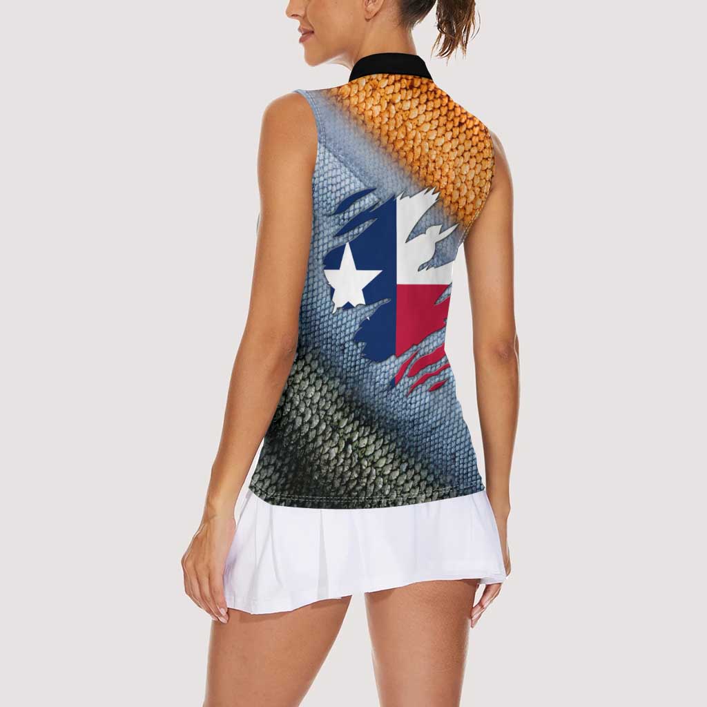 Custom Texas Flag Women Sleeveless Polo Shirt with Ripped Effect and Fish Scale Pattern - Wonder Print Shop