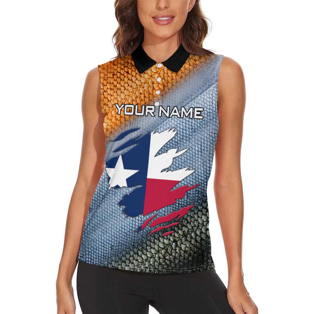 Custom Texas Flag Women Sleeveless Polo Shirt with Ripped Effect and Fish Scale Pattern - Wonder Print Shop