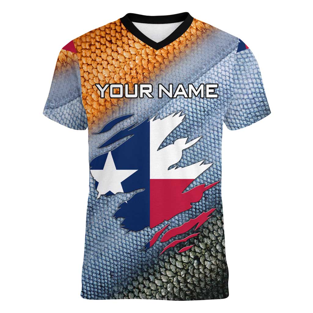 Custom Texas Flag Women V-Neck T-Shirt with Ripped Effect and Fish Scale Pattern - Wonder Print Shop
