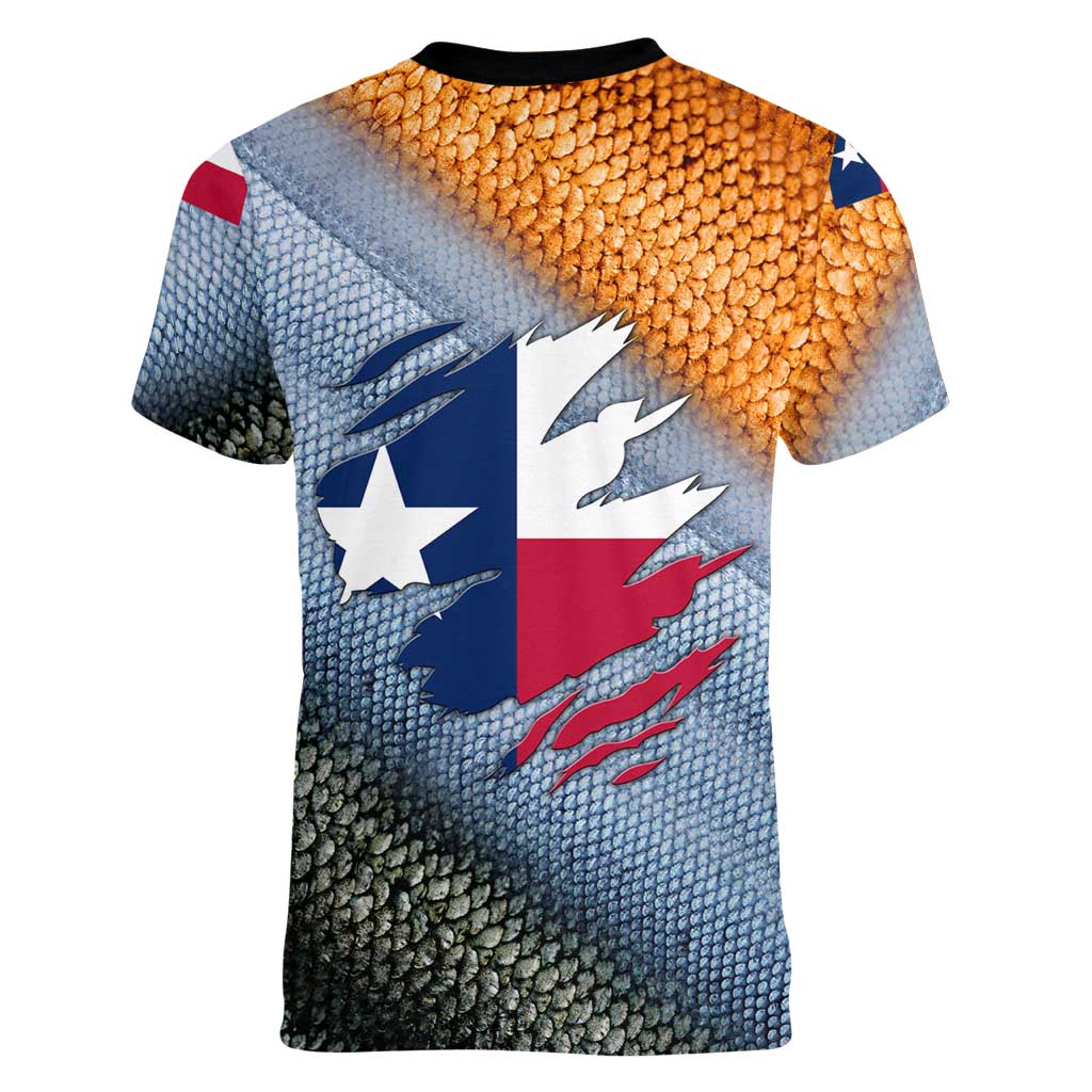 Custom Texas Flag Women V-Neck T-Shirt with Ripped Effect and Fish Scale Pattern - Wonder Print Shop