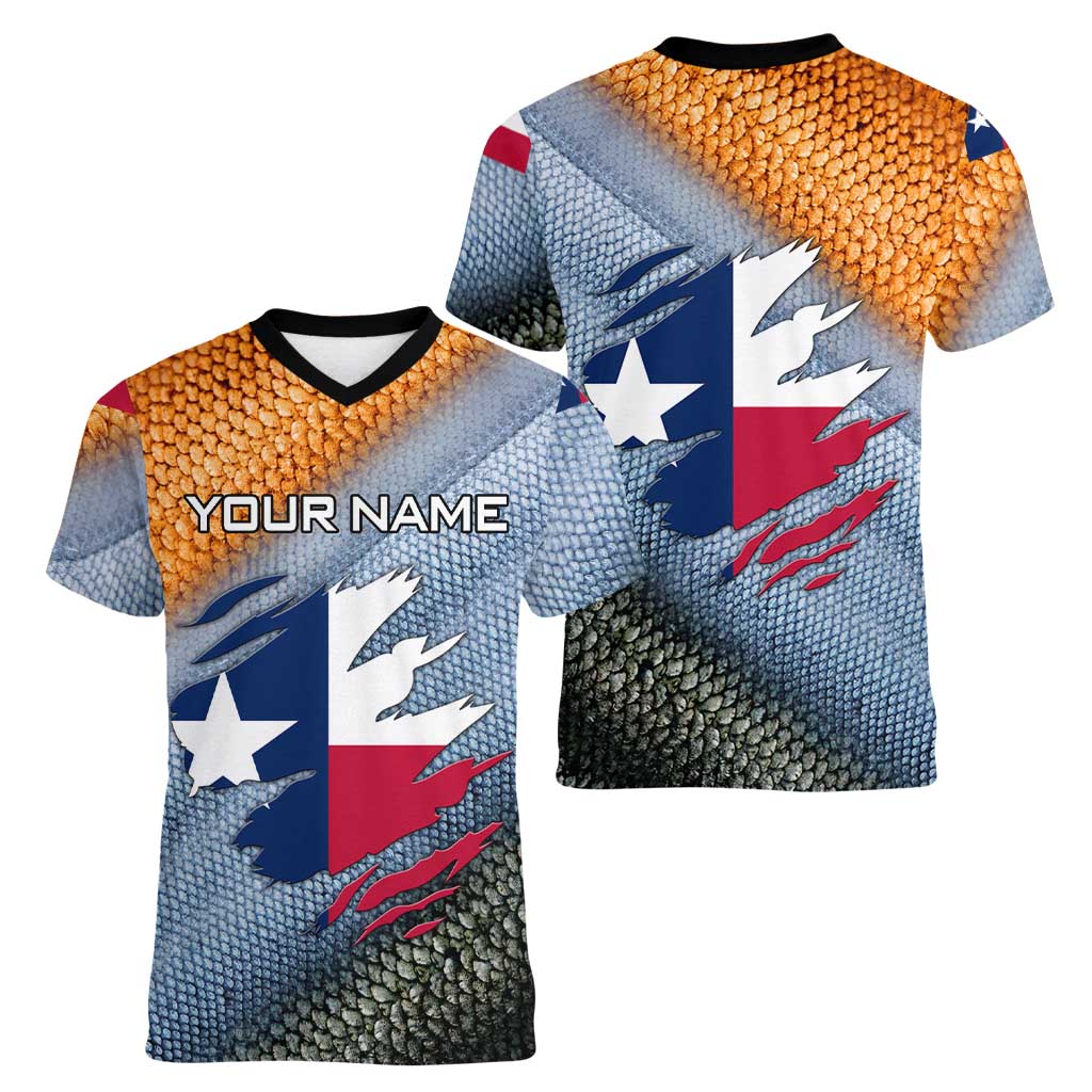 Custom Texas Flag Women V-Neck T-Shirt with Ripped Effect and Fish Scale Pattern - Wonder Print Shop