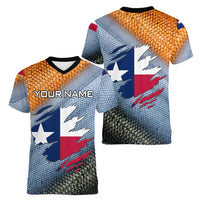 Custom Texas Flag Women V-Neck T-Shirt with Ripped Effect and Fish Scale Pattern - Wonder Print Shop