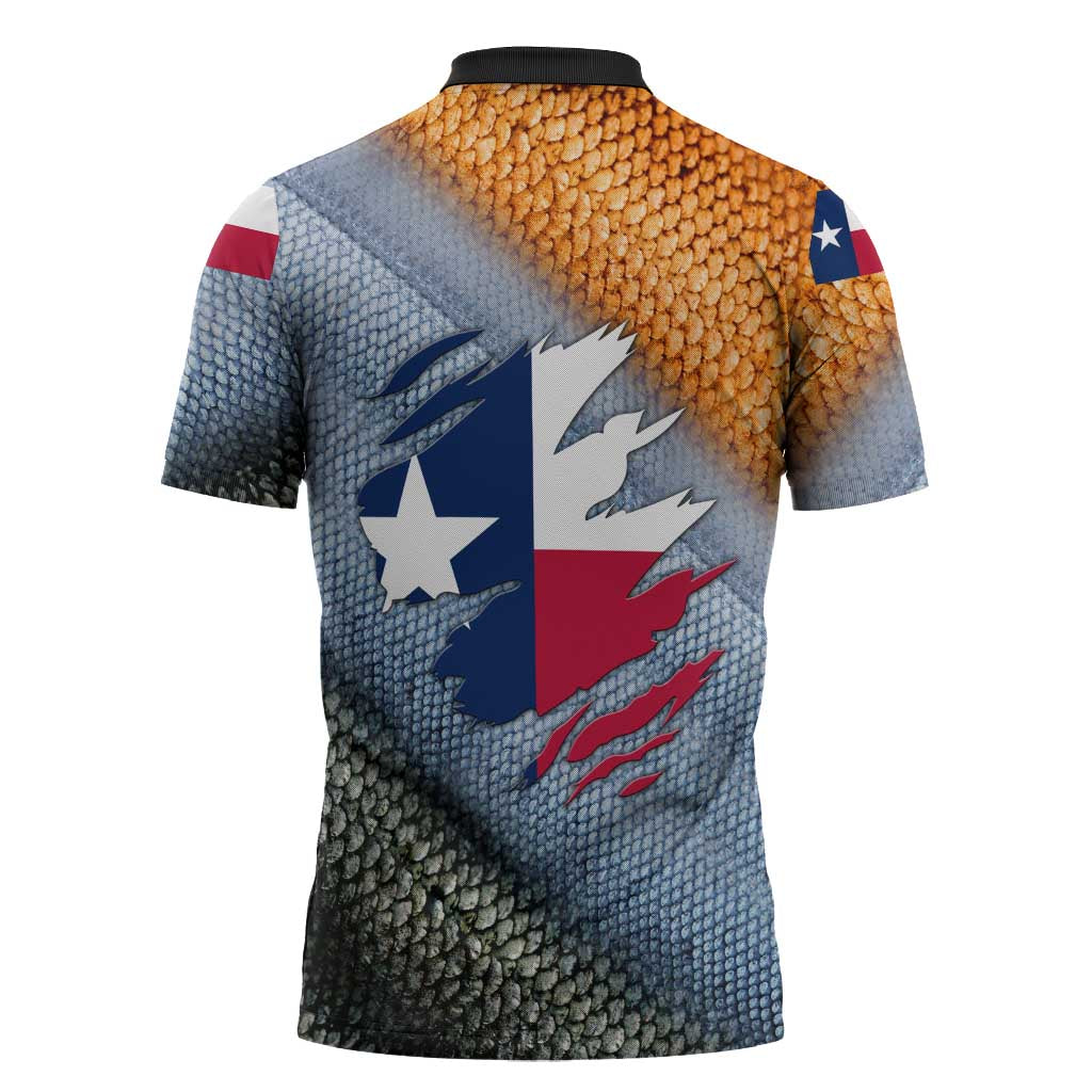 Custom Texas Flag Zipper Polo Shirt with Ripped Effect and Fish Scale Pattern - Wonder Print Shop
