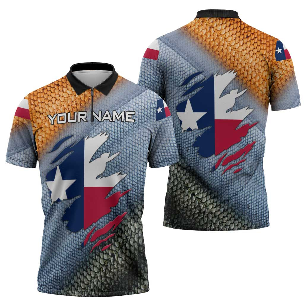 Custom Texas Flag Zipper Polo Shirt with Ripped Effect and Fish Scale Pattern - Wonder Print Shop