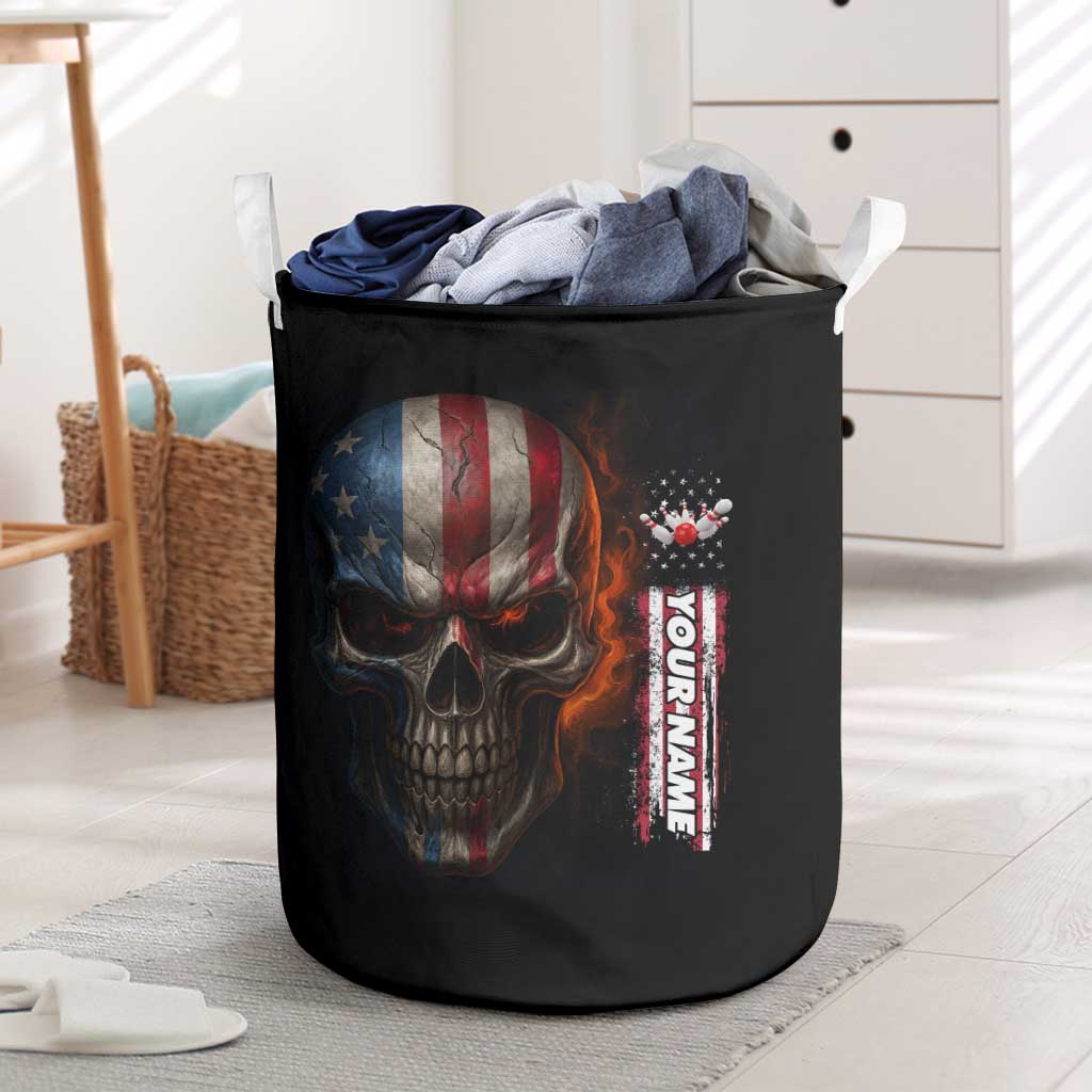 Custom American Flag Skull Laundry Basket with Bowling Pins Flame Effect and Grunge Pattern - Wonder Print Shop