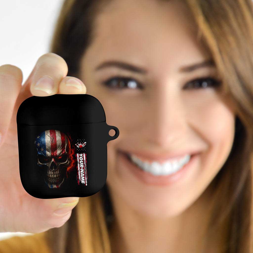 Custom American Flag Skull AirPods Case with Bowling Pins Flame Effect and Grunge Pattern - Wonder Print Shop