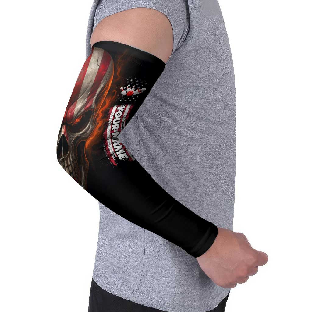 Custom American Flag Skull Arm Sleeves with Bowling Pins Flame Effect and Grunge Pattern - Wonder Print Shop