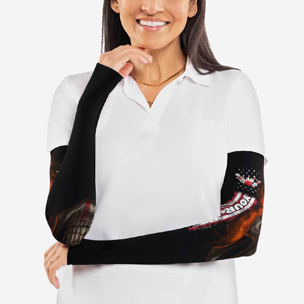 Custom American Flag Skull Arm Sleeves with Bowling Pins Flame Effect and Grunge Pattern - Wonder Print Shop