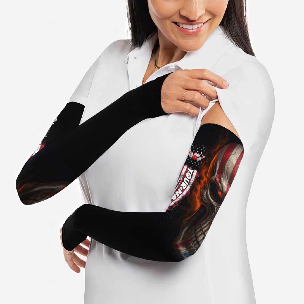 Custom American Flag Skull Arm Sleeves with Bowling Pins Flame Effect and Grunge Pattern - Wonder Print Shop