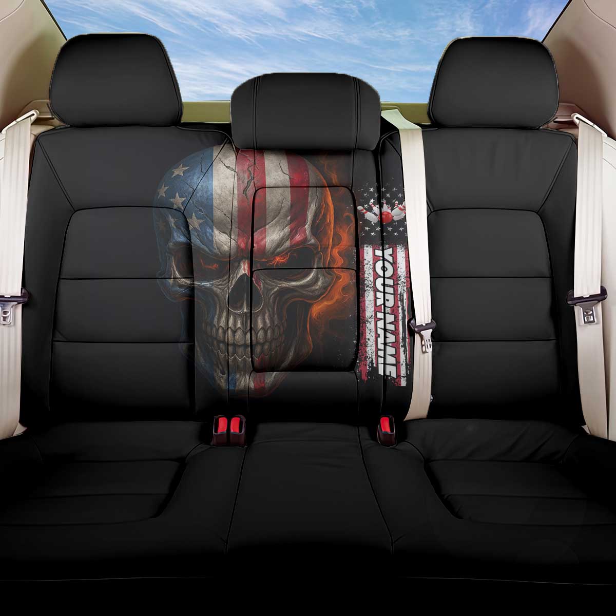 Custom American Flag Skull Back Car Seat Cover with Bowling Pins Flame Effect and Grunge Pattern - Wonder Print Shop