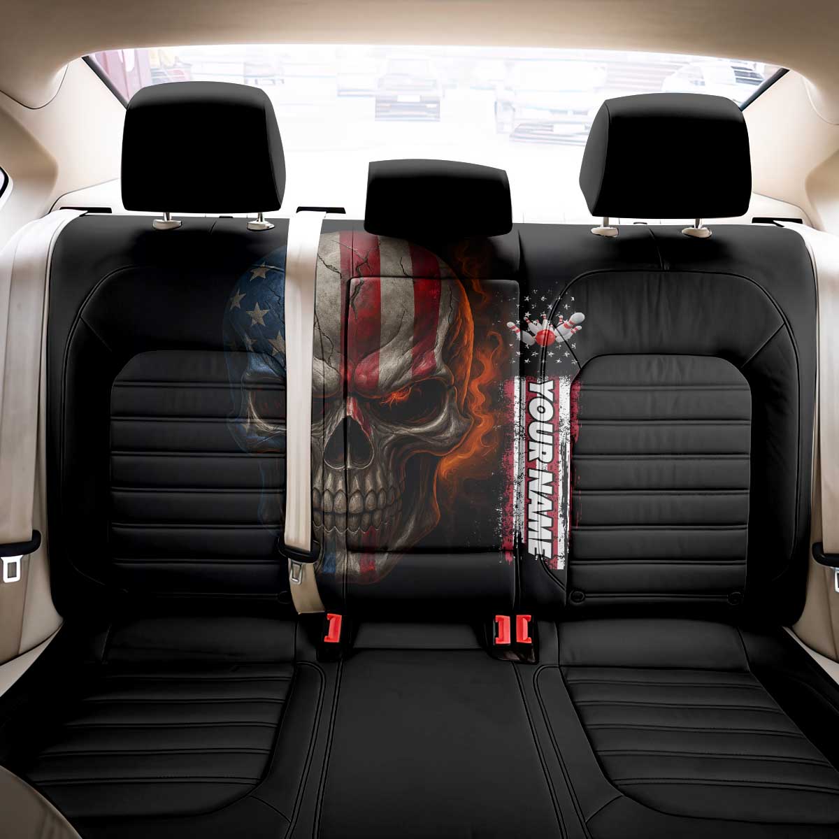 Custom American Flag Skull Back Car Seat Cover with Bowling Pins Flame Effect and Grunge Pattern - Wonder Print Shop