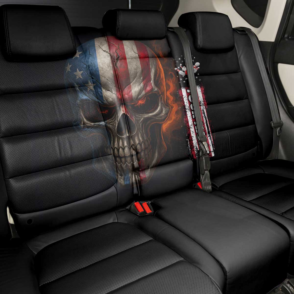 Custom American Flag Skull Back Car Seat Cover with Bowling Pins Flame Effect and Grunge Pattern - Wonder Print Shop