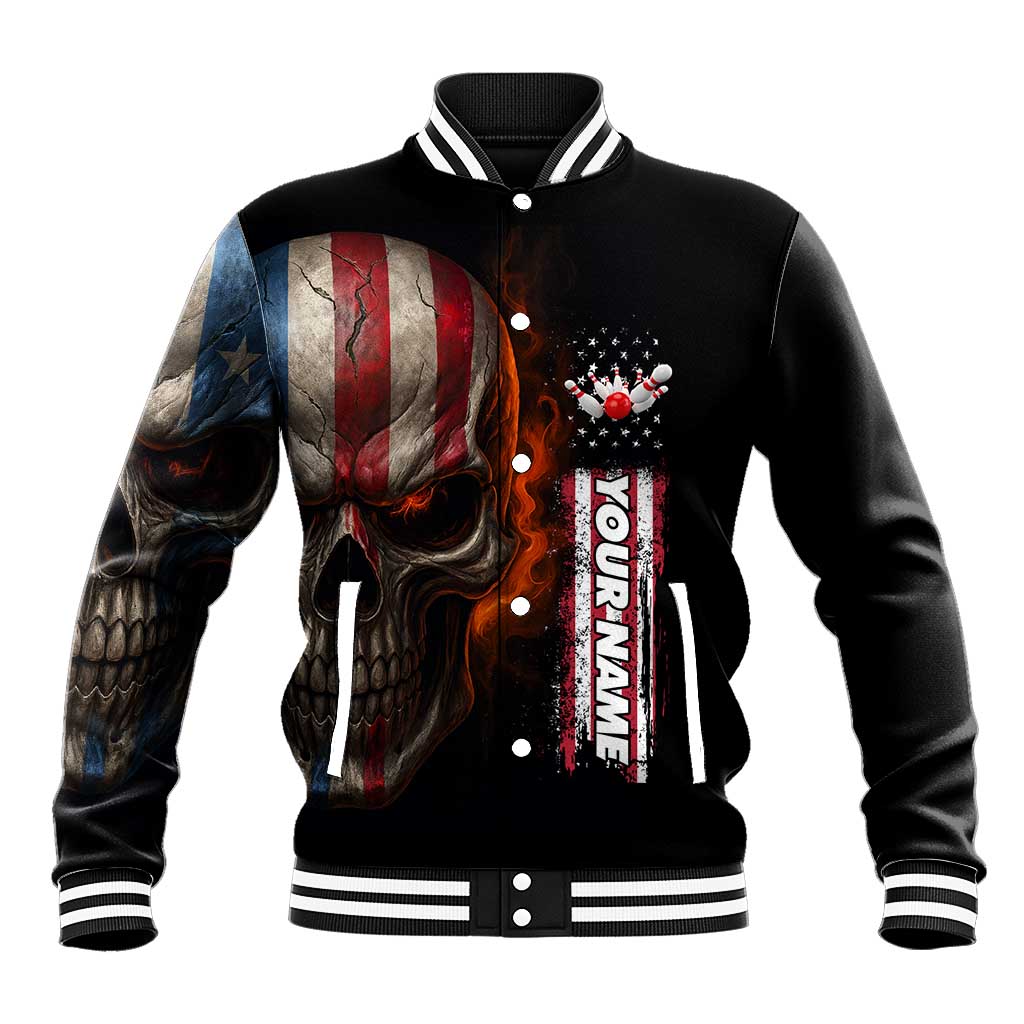 Custom American Flag Skull Baseball Jacket with Bowling Pins Flame Effect and Grunge Pattern - Wonder Print Shop