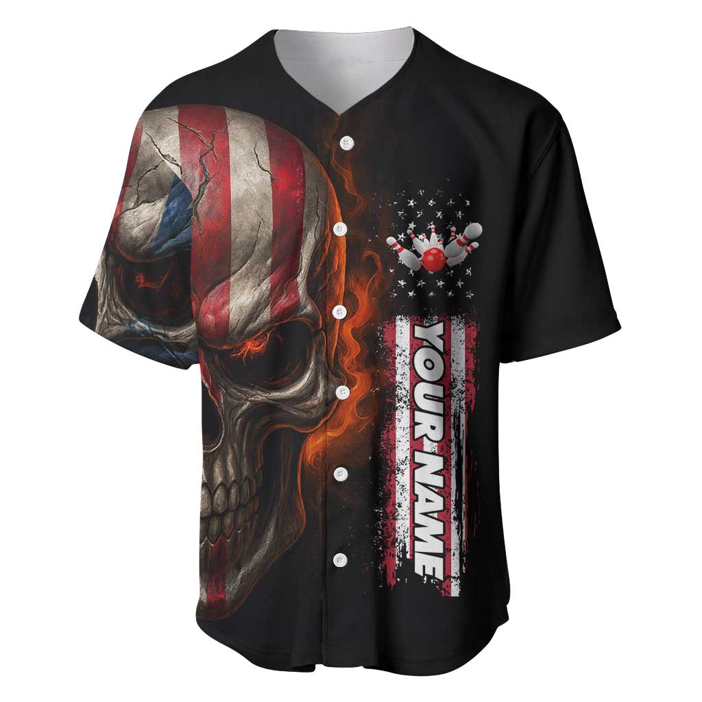 Custom American Flag Skull Baseball Jersey with Bowling Pins Flame Effect and Grunge Pattern - Wonder Print Shop