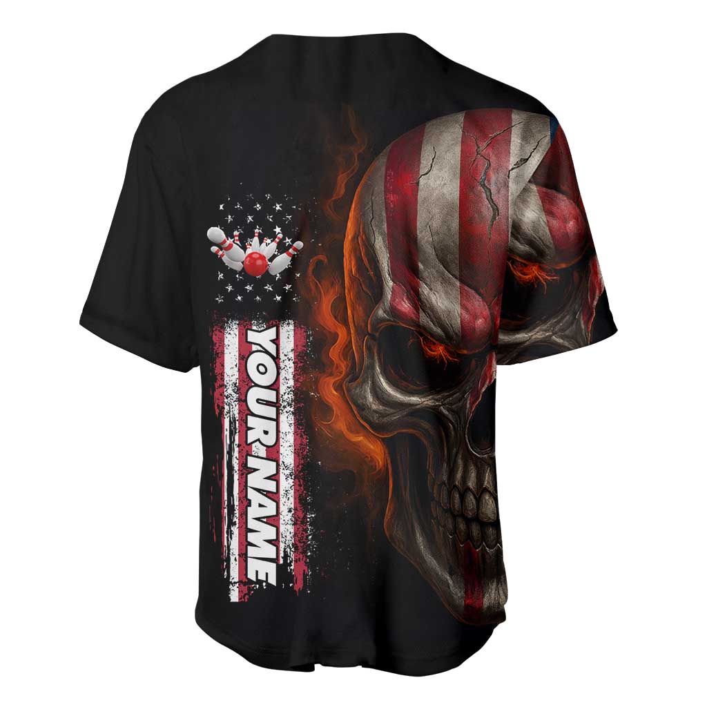 Custom American Flag Skull Baseball Jersey with Bowling Pins Flame Effect and Grunge Pattern - Wonder Print Shop