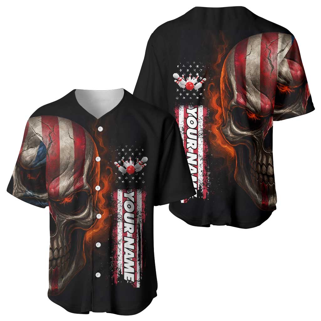 Custom American Flag Skull Baseball Jersey with Bowling Pins Flame Effect and Grunge Pattern - Wonder Print Shop
