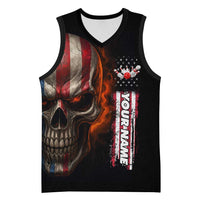 Custom American Flag Skull Basketball Jersey with Bowling Pins Flame Effect and Grunge Pattern - Wonder Print Shop
