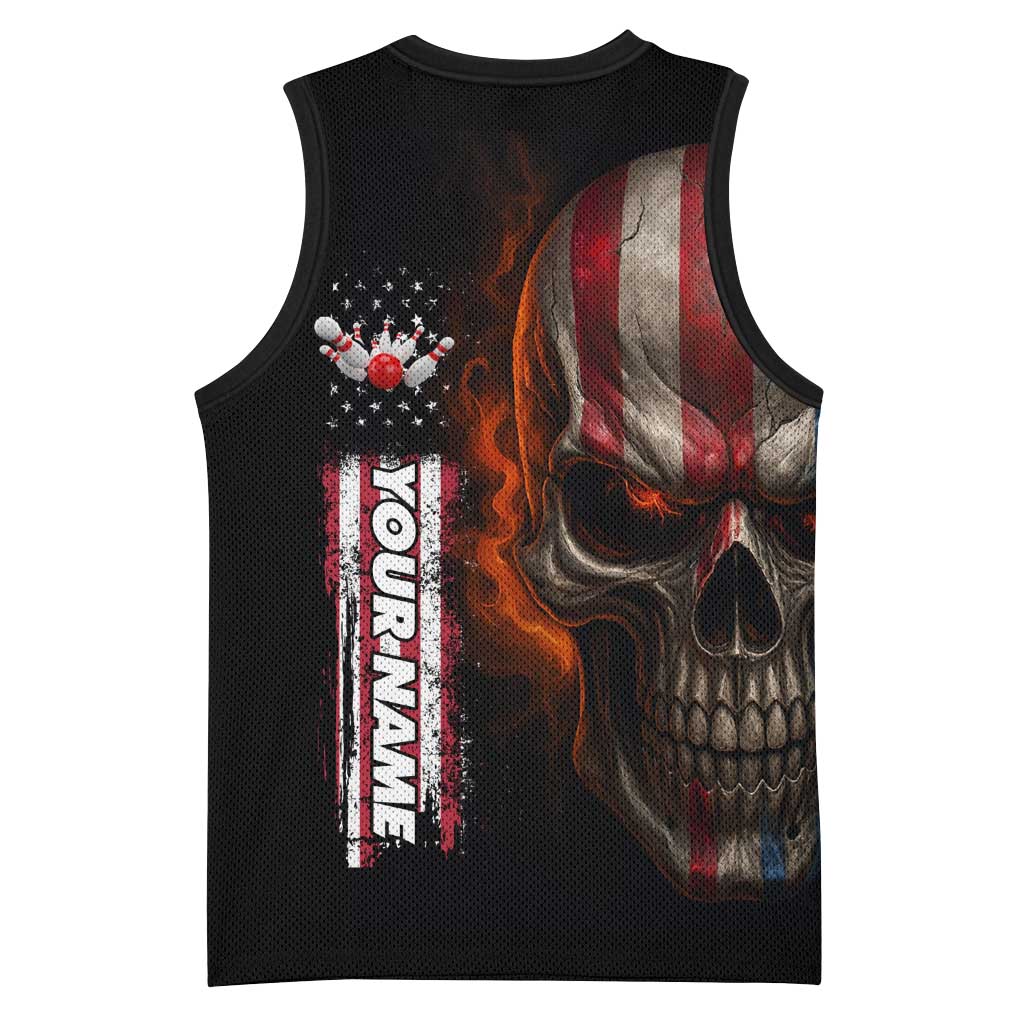 Custom American Flag Skull Basketball Jersey with Bowling Pins Flame Effect and Grunge Pattern - Wonder Print Shop