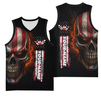 Custom American Flag Skull Basketball Jersey with Bowling Pins Flame Effect and Grunge Pattern - Wonder Print Shop