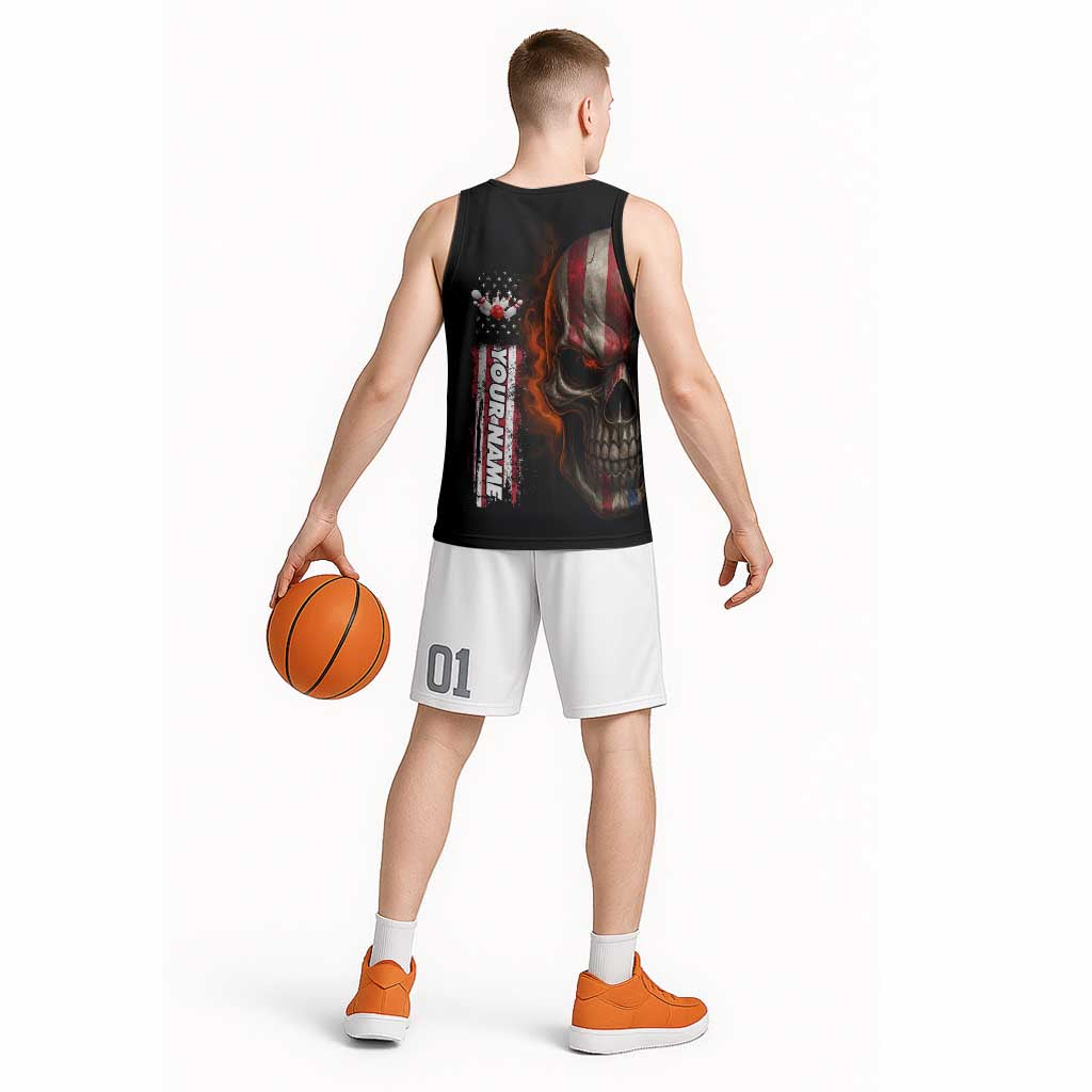Custom American Flag Skull Basketball Jersey with Bowling Pins Flame Effect and Grunge Pattern - Wonder Print Shop