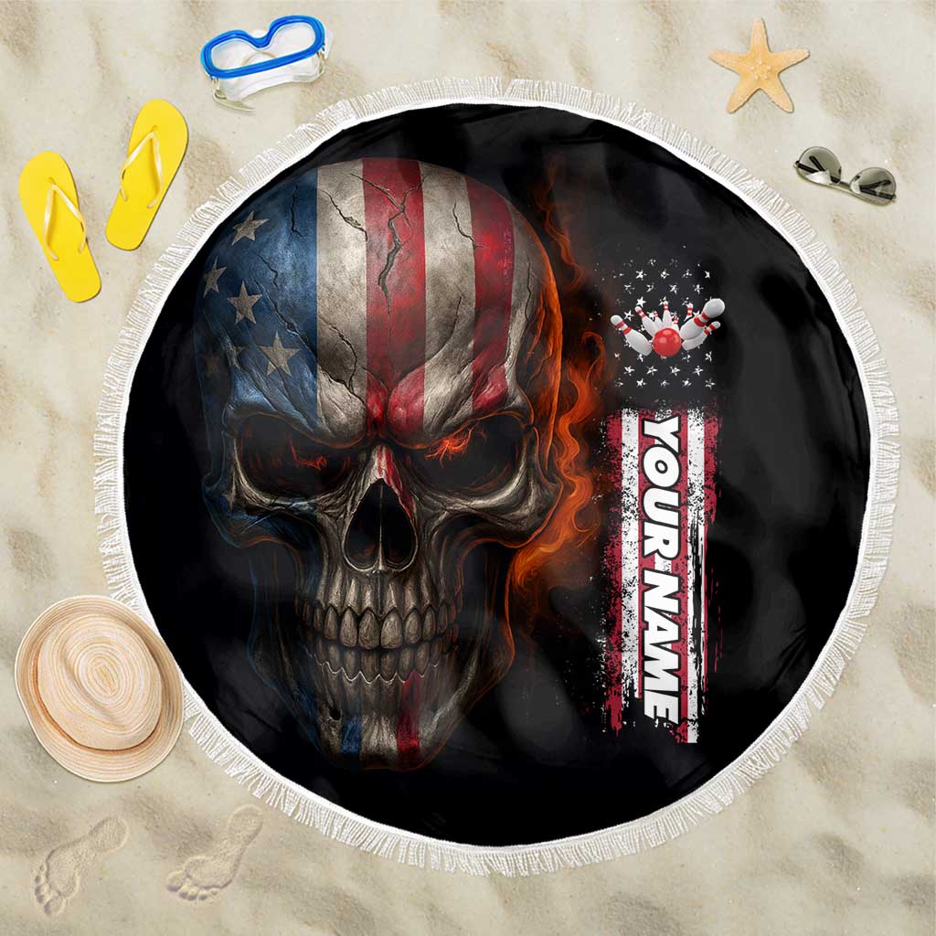 Custom American Flag Skull Beach Blanket with Bowling Pins Flame Effect and Grunge Pattern - Wonder Print Shop