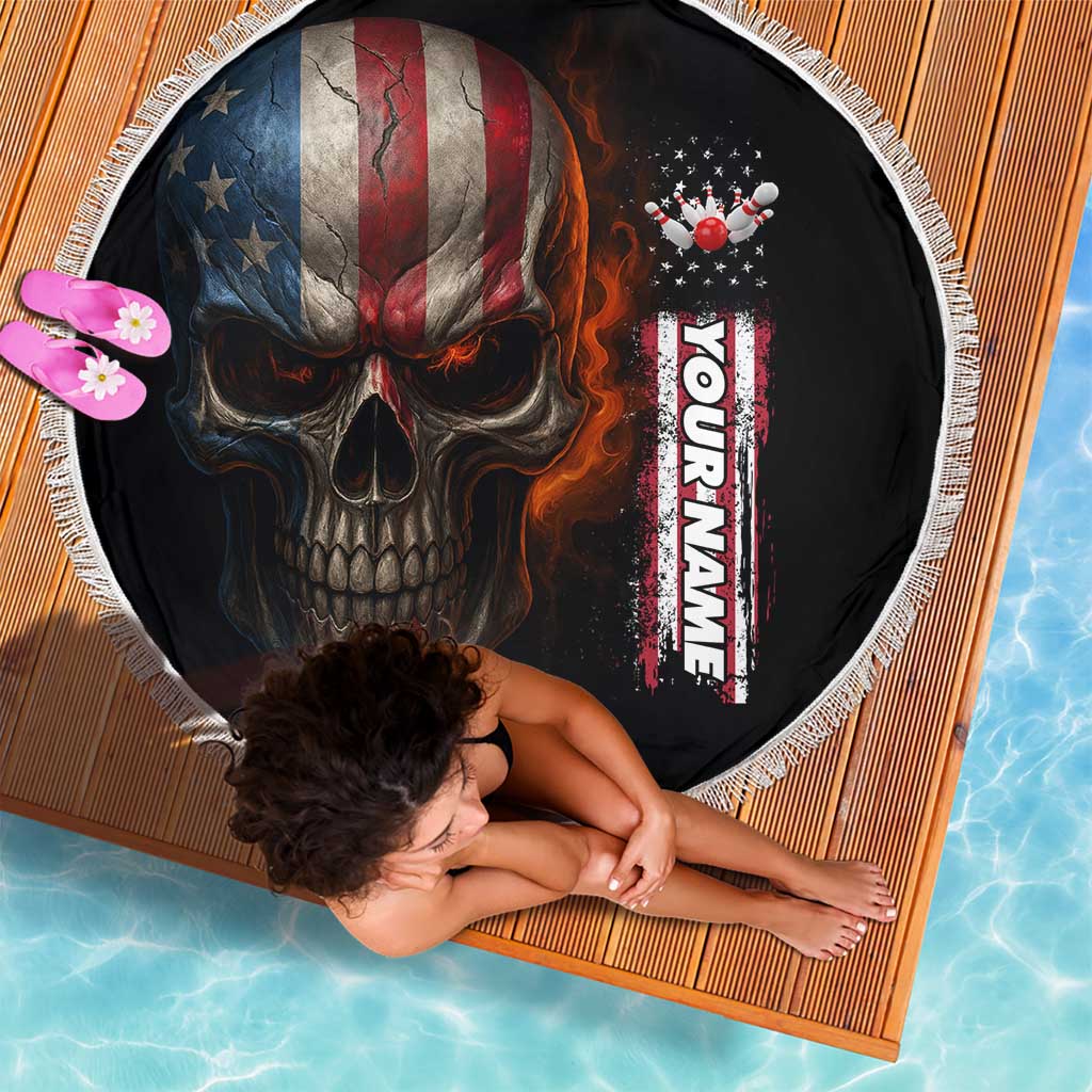 Custom American Flag Skull Beach Blanket with Bowling Pins Flame Effect and Grunge Pattern - Wonder Print Shop