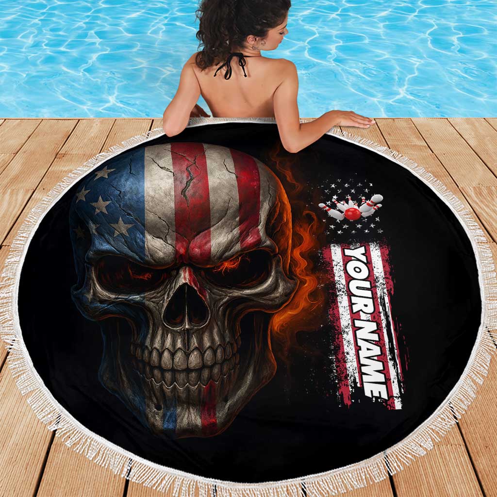 Custom American Flag Skull Beach Blanket with Bowling Pins Flame Effect and Grunge Pattern - Wonder Print Shop