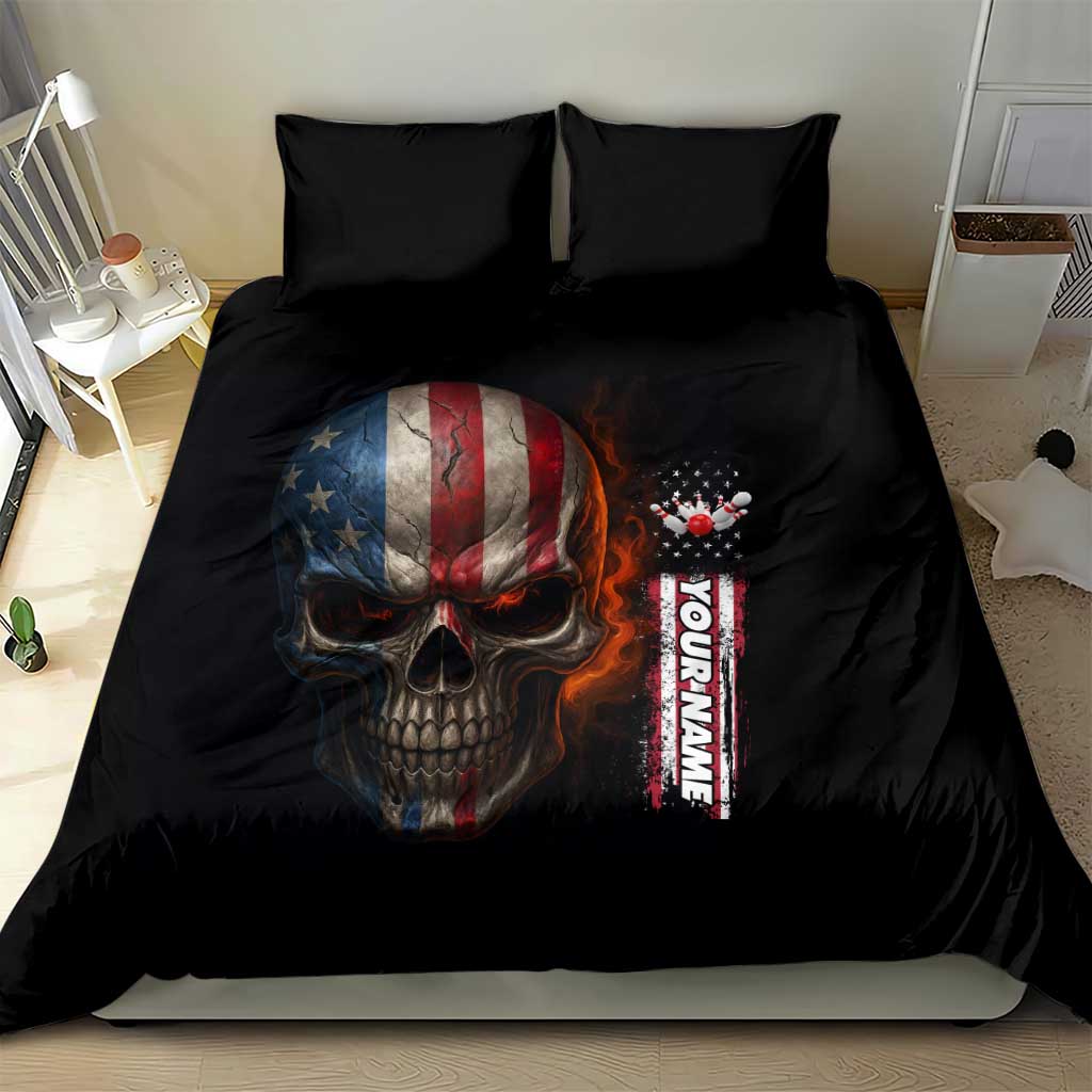 Custom American Flag Skull Bedding Set with Bowling Pins Flame Effect and Grunge Pattern - Wonder Print Shop